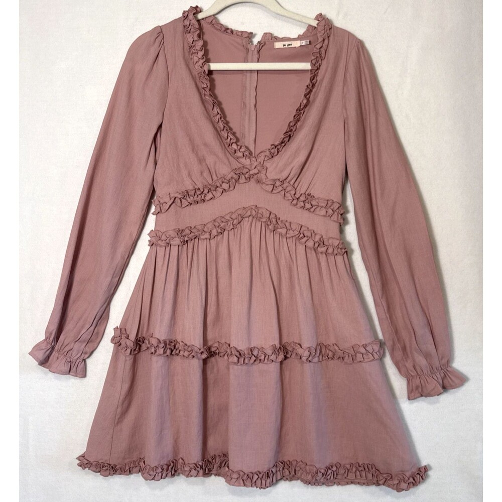MI AMI Pink Ruffle Flare Long Sleeve Mini Dress Sz SM Coquette Cottagecore Boho